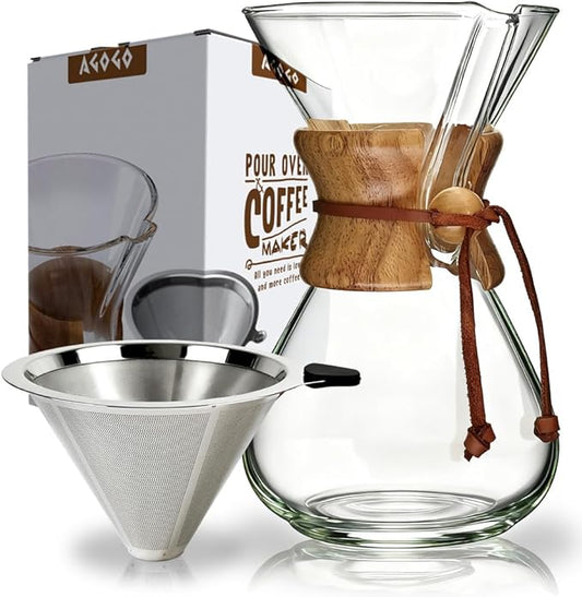 AGOGO Pour Over Coffee Maker Glass - 6/8/10 Cup Barista Kit with 304 Stainless Filter for Home, Office, Camping, Cafes - Easy Clean Coffee Dripper Set (Rag&Brush Included) (8 Cup/28 oz)