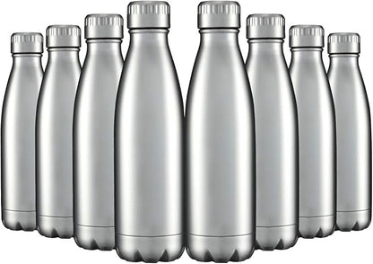 HASLE OUTFITTERS 17oz Stainless Steel Water Bottles Bulk, Vacuum Insulated Water Bottles Double Walled Reusable Metal Sports Water Bottles Keep Drinks Hot and Cold, Stainless, 8Packs