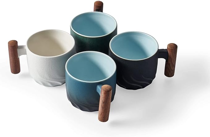 Ceramic Espresso Cups with Wooden Handle Espresso Shot Cups Ceramic Tea Cups Porcelain Demitessa Cups for Coffee or Tea, 3oz (black, 2)