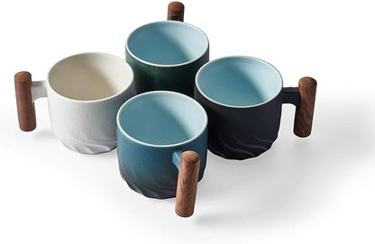 Ceramic Espresso Cups with Wooden Handle Espresso Shot Cups Ceramic Tea Cups Porcelain Demitessa Cups for Coffee or Tea, 3oz (black, 2)
