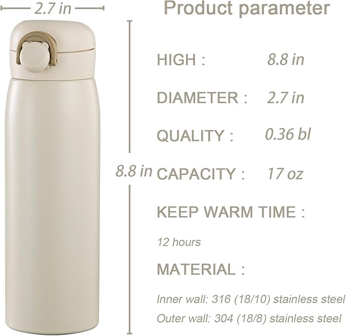 17 oz Mini Water Bottle Small Stainless Steel Thermoses - Insulated Vacuum, Leak Proof, Keeps Drinks Hot/Cold - Ideal for Coffee, beverage, Water - White