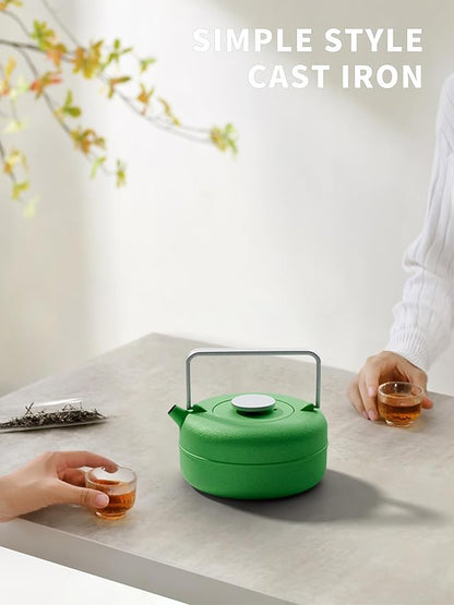 Toptier Teapot with Removable Infuser, Cast Iron Tea Kettle Stovetop Safe, Solid Geometry Cylinder Design Tea Pot Coated with Enameled Interior for 27 Ounce (800 ml), Emerald Green