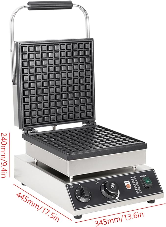 Electric Waffle Maker Machine 2200W, 1 Slice Nonstick Commercial Stainless Steel Square Waffle Maker, Temperature and Time Control, for Restaurant Bakeries Snack Bar Home, 50~300℃