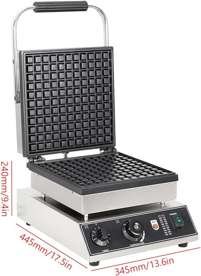 Electric Waffle Maker Machine 2200W, 1 Slice Nonstick Commercial Stainless Steel Square Waffle Maker, Temperature and Time Control, for Restaurant Bakeries Snack Bar Home, 50~300℃