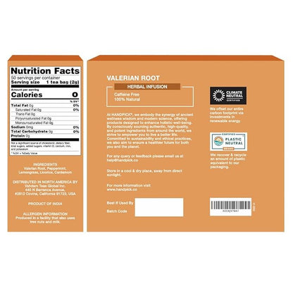 HANDPICK, Valerian Root Tea Bags (Valeriana) 50 Count | Non-GMO, Caffeine Free, Real Ingredients | Earthy/Woody Herbal Tea Bags | Round Eco-conscious Teabags