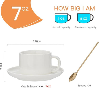 Coffee Cups and Saucers Set of 6 with Stainless Steel spoons, 8oz Ceramic Cappuccino Cups Set, White Durable Porcelain Cups for Tea, Espresso, Latte, Mocha