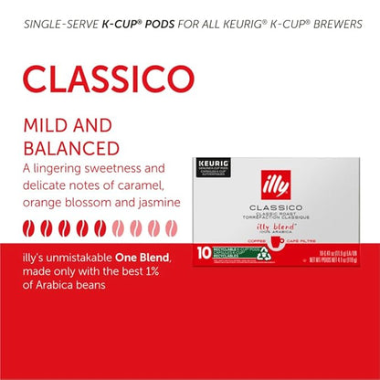 Illy Coffee K Cups - Pods For Keurig Machines – Classico Roast - Caramel, Orange Blossom & Jasmine - Mild, Flavorful & Balanced Flavor - No Preservatives – 32 Count, 4 Pack
