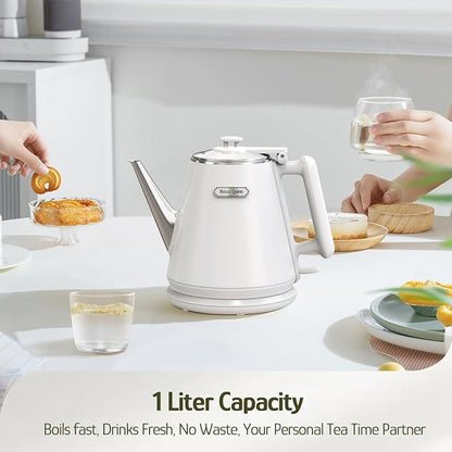 Hazel Quinn Electric Kettle - 1L/34oz Small Tea Kettle, 800W Fast Boil, All 304 Stainless Steel Interior, Double Wall for Cool Touch and Thermal, Auto Shut-Off, BPA-Free, Cordless - Pearl White