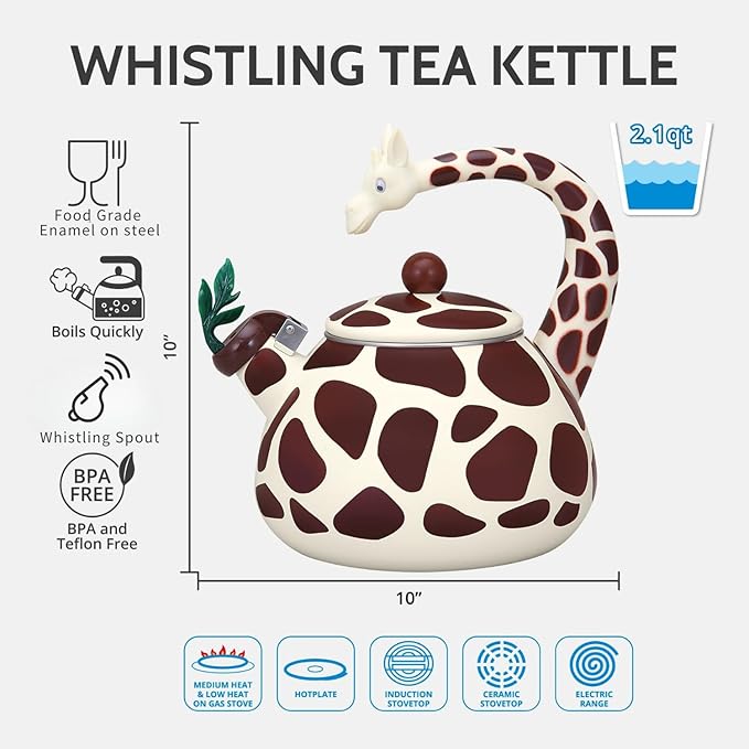 Whistling Tea Kettle for Stove Top Enamel on Steel Teakettle, Supreme Housewares Giraffe Design Teapot Water Kettle Cute Kitchen Accessories Teteras (2.1 Quart, Giraffe)