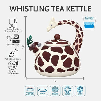 Whistling Tea Kettle for Stove Top Enamel on Steel Teakettle, Supreme Housewares Giraffe Design Teapot Water Kettle Cute Kitchen Accessories Teteras (2.1 Quart, Giraffe)