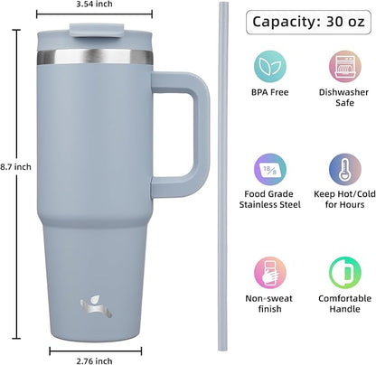 30 oz Tumbler with Handle and 2 Straws,2 in 1 Lid Insulated Water Bottle Stainless Steel Travel Coffee Mug,Lavender