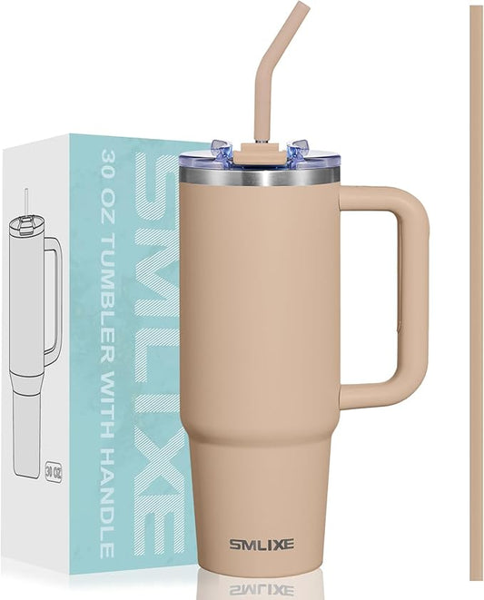 30 oz Tumbler with Handle, Tumbler with Lid and Straw, Double Wall Vacuum Insulated Travel Mug Stainless Steel Tumbler for Hot and Cold, Cupholder Friendly (Mocha)