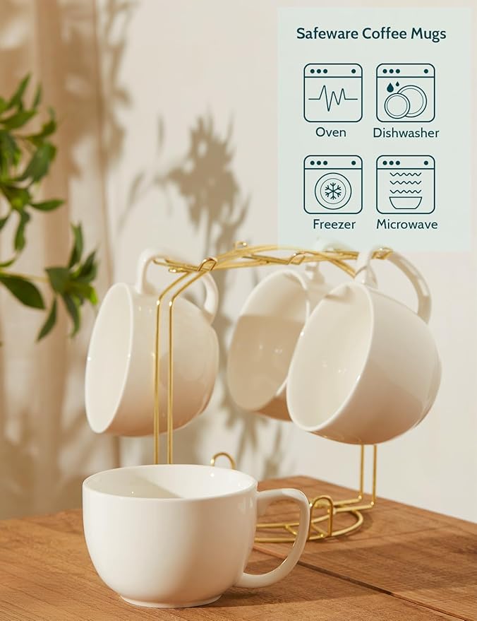 Teocera 16oz Large Coffee Mugs Set of 4 - Thick White Porcelain Cups for Cappuccino, Latte, Tea & Hot Chocolate - Dishwasher Safe Ceramic with Comfort Grip Handles