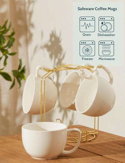 Teocera 16oz Large Coffee Mugs Set of 4 - Thick White Porcelain Cups for Cappuccino, Latte, Tea & Hot Chocolate - Dishwasher Safe Ceramic with Comfort Grip Handles