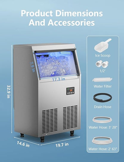 Coolski Commercial Ice Maker Machine 100Lbs/24H, Under Counter Ice Machine with 34lbs Ice Storage Bin, Stainless Steel Freestanding Ice Maker for Restaurant, Bars, Home and Offices