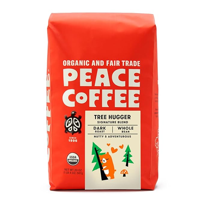 Peace Coffee Tree Hugger Signature Blend | 20 oz Whole Bean Dark Roast | Organic Fair Trade | Soft, Smooth Flavor | Shade Grown, Fresh Roasted