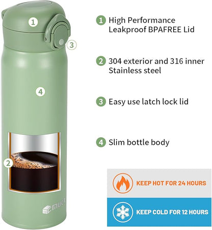17 oz / 500 ml Insulated Water Bottle, Stainless Steel Thermo Coffee Travel Mug, Thermal Cup with Snap Flip Lid, BPA Free for Hot and Cold Drinking, Green