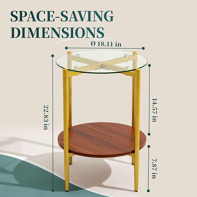 Small Round Glass Coffee Tables for Living Room, Mid Century Side Table with Clear Glass Top, Solid Brown Storage Shelf and Sturable Gold Legs for Small Space, Office, Department