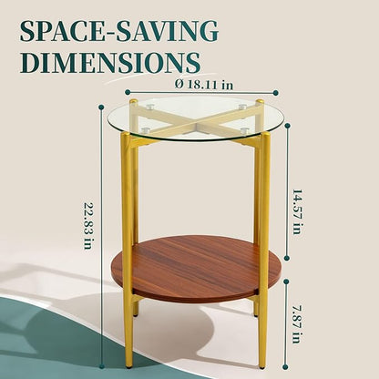 Small Round Glass Coffee Tables for Living Room, Mid Century Side Table with Clear Glass Top, Solid Brown Storage Shelf and Sturable Gold Legs for Small Space, Office, Department