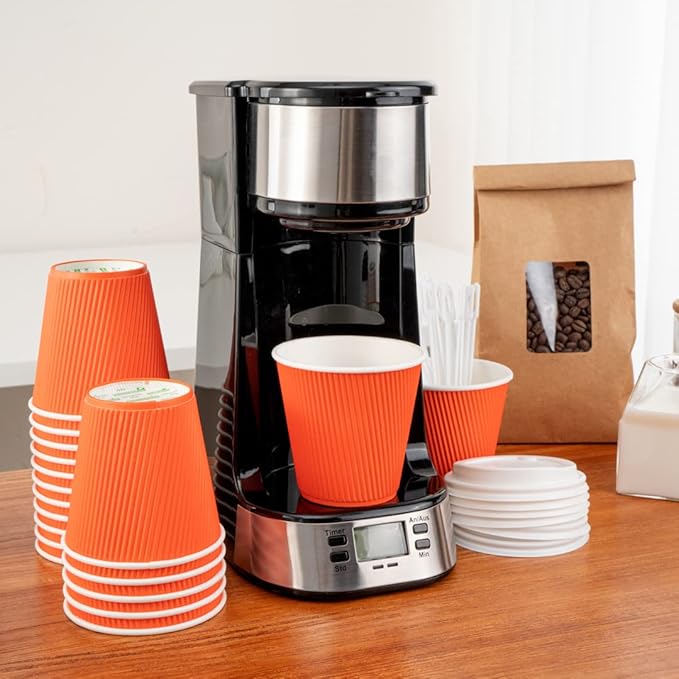 Restaurantware 8 Ounce Double Wall Disposable Coffee Cups, 500 Insulated Orange Paper Cups With Ripple Wall Design, Lids Sold Separately for Hot Beverages like Tea, Hot Chocolate, and More