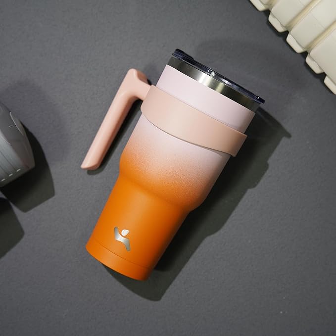 40 oz Tumbler with Handle and 2 Straw 2 Lid, Insulated Water Bottle Stainless Steel Vacuum Cup Reusable Travel Mug,Coral