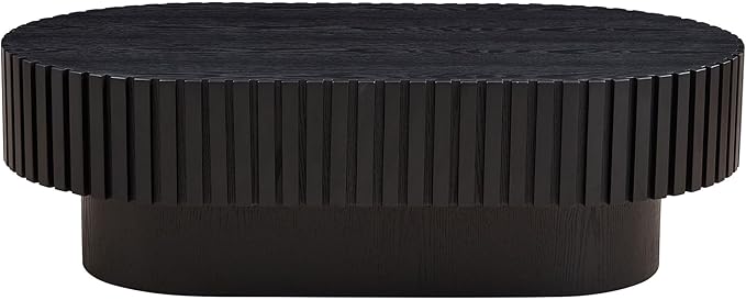 43.7 Inch Oval Drum Coffee Table, Modern Handcraft Fluted Drum Coffee Table, Wooden Oval Cocktail Tea Table Center Table with Sturdy Pedestal for Living Room Apartment (Black)