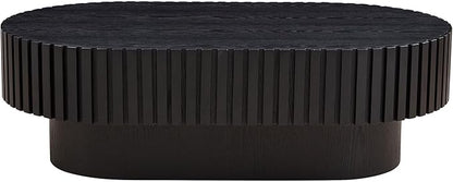 43.7 Inch Oval Drum Coffee Table, Modern Handcraft Fluted Drum Coffee Table, Wooden Oval Cocktail Tea Table Center Table with Sturdy Pedestal for Living Room Apartment (Black)