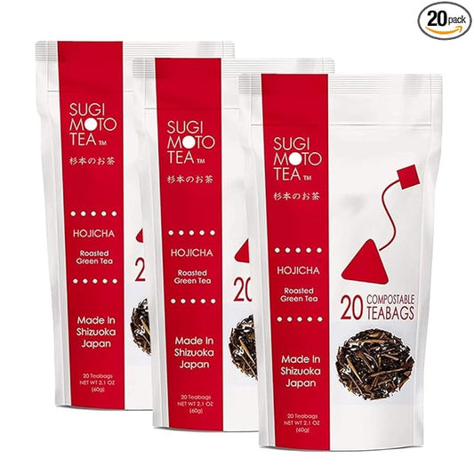 SUGIMOTO TEA Japanese Hojicha Roasted Green Tea Bags 20 Count Pack of 3