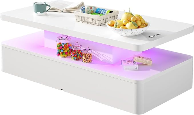 oneinmil Modern LED Coffee Table, 47" Living Room Tables with Double-Layer Design, 16 Colors LED Lights, Stylish Coffee Tables for Living Room, Home, Office, White