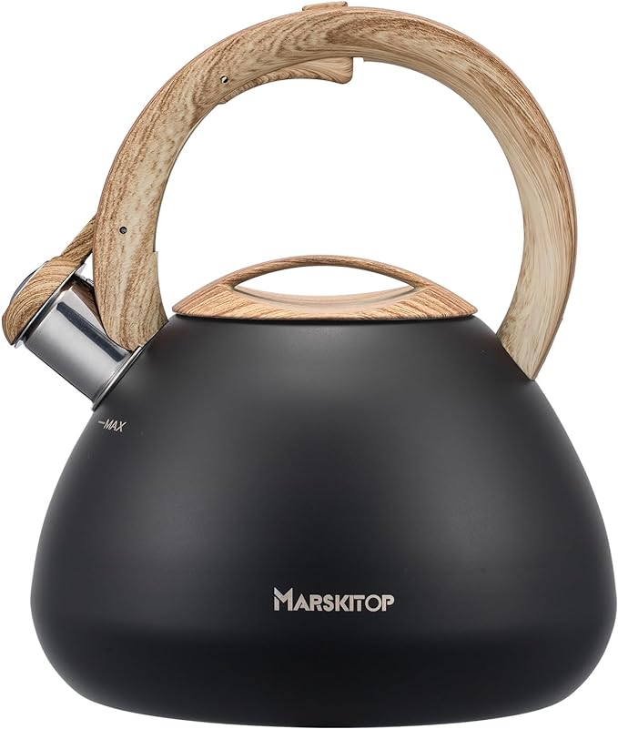 MARSKITOP Tea Kettle for Stove Top, Whistling Kettle Teapot for Stovetop, Food Grade Stainess Steel Teakettle with Cool Touch Ergonomic Handle, 2.6 Quart, Black