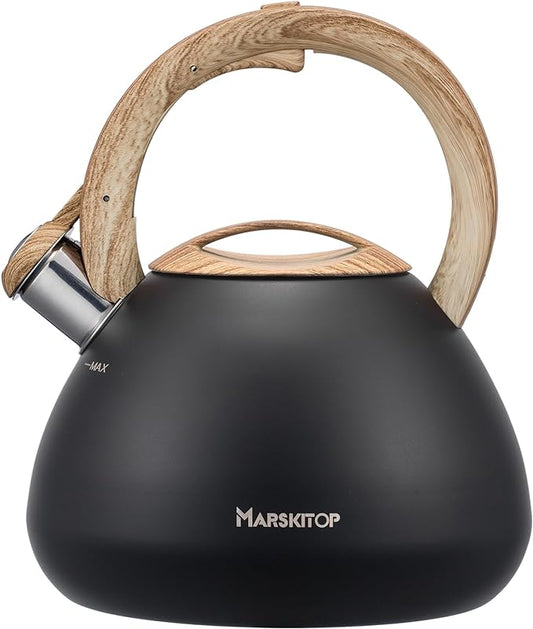 MARSKITOP Tea Kettle for Stove Top, Whistling Kettle Teapot for Stovetop, Food Grade Stainess Steel Teakettle with Cool Touch Ergonomic Handle, 2.6 Quart, Black