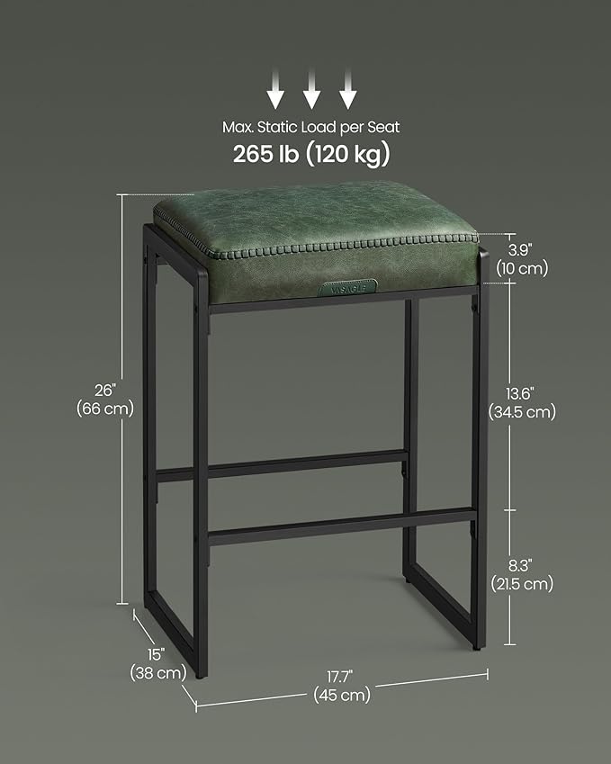 VASAGLE EKHO Collection - Bar Stools Set of 2, Counter Height Bar Stools, Synthetic Leather with Stitching, Mid-Century Modern Counter Stools, 26-Inch Tall, Kichen Home Bar Dining Room, Forest Green