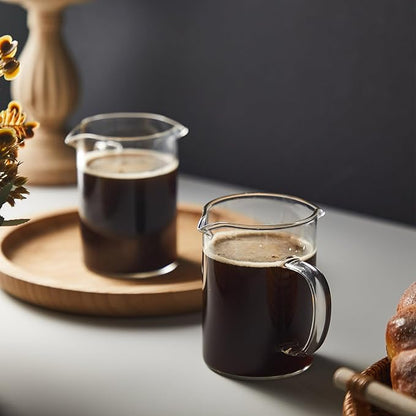 Leinuosen 2 Pcs Small Glass Creamer Pitcher with Spout Milk Frothing Pitcher Elegant Shaped Glass Coffee Tea Milk Creamer Jug Creative Milk Frother Cup (Simple Style,250ml)