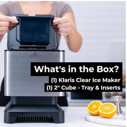 Clear Ice Maker - Makes 4 Large, 2" Crystal Clear Ice Cubes in 8 to 12 Hours - Great for Cocktails, Whiskey & Bourbon - Compact Countertop Ice Maker - Stainless Steel Shell - Reusable Ice Tray