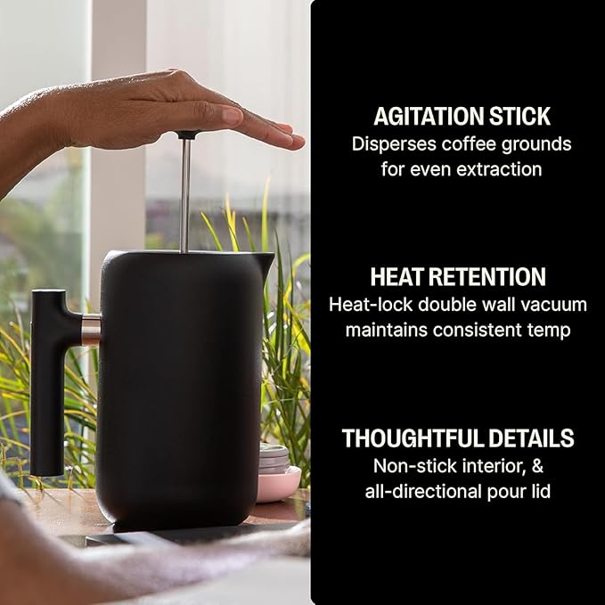Fellow Clara Insulated Coffee Maker with Enhanced Filtration System - Portable French Press Stainless Steel - 24 oz Carafe - Matte Black