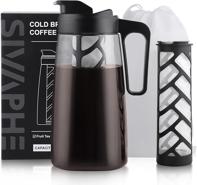 Sivaphe Large Ice Cold Coffee Maker 2 Quart, Dishwasher Safty Traitan Carafe Pitcher Leak Proof, Reusable Filter 64 oz Iced Hot Coffee Tea Method Brewer