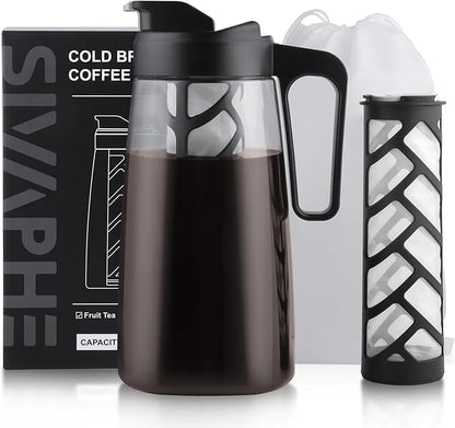 Sivaphe Large Ice Cold Coffee Maker 2 Quart, Dishwasher Safty Traitan Carafe Pitcher Leak Proof, Reusable Filter 64 oz Iced Hot Coffee Tea Method Brewer