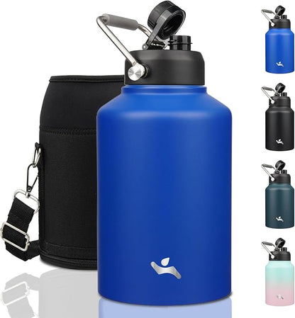 1 Gallon Jug with Handle,128 oz Insulated Water Bottle with Carrying Pouch, Double Wall Vacuum Stainless Steel Metal Bottle,Blue