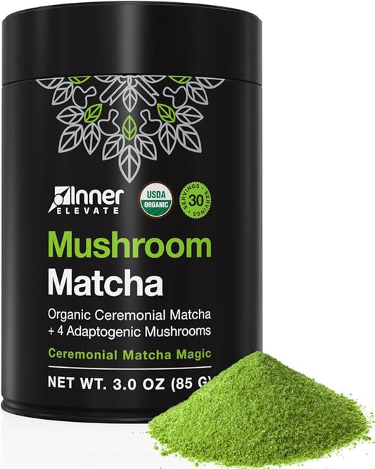 Inner Elevate Mushroom Matcha - Organic, Ceremonial-Grade Matcha Powder with 4 Superfood Mushrooms - Adaptogenic Mushroom Tea Drink with Lion's Mane, Cordyceps, Turkey Tail, Reishi (30 Servings)