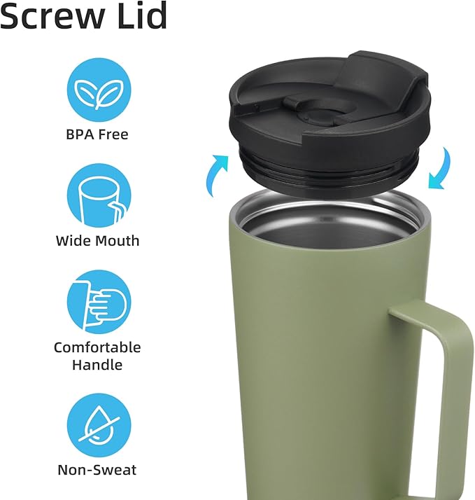 Insulated Tumbler with Handle and Straw, 26 OZ Travel Coffee Mug Stainless Steel Cup Metal Water Bottle,Camp Green