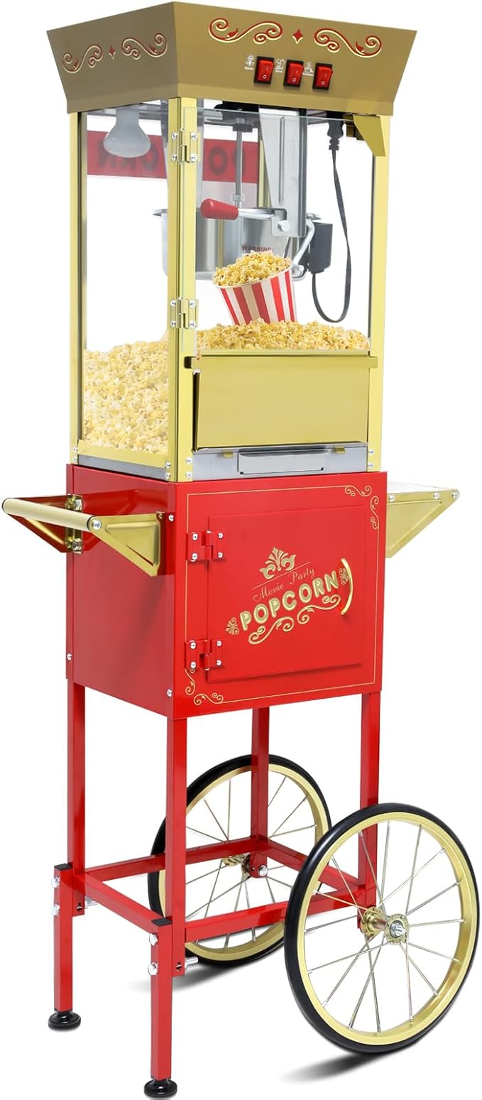 Vintage Popcorn Machine with Cart, 12oz Popper Stainless-Steel Kettle & Warming Light, Makes Up to 60 Cups, Ideal for Family Gatherings, Movie Theaters & Amusement Parks, Red&Gold