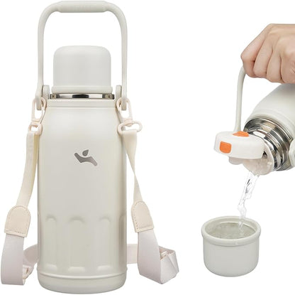 Insulated Water Bottle with Handle and Strap,Vacuum Travel Tumbler with Cup Lid,Thermo Coffee Cup for Hot Cold Drinks 40 OZ,Beige