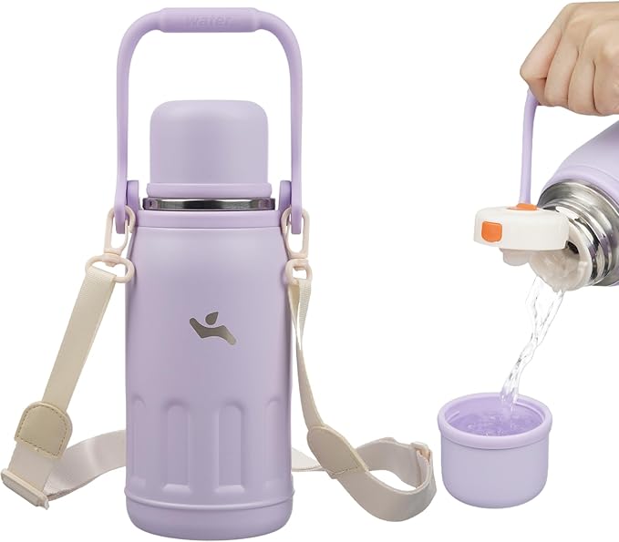 Insulated Water Bottle with Handle and Strap,Vacuum Travel Tumbler with Cup Lid,Thermo Coffee Cup for Hot Cold Drinks 27 OZ,Purple