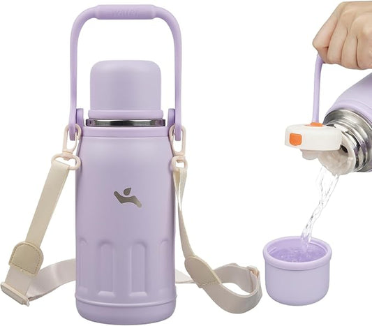 Insulated Water Bottle with Handle and Strap,Vacuum Travel Tumbler with Cup Lid,Thermo Coffee Cup for Hot Cold Drinks 27 OZ,Purple