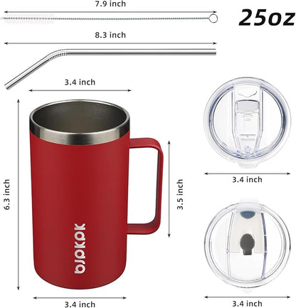 BJPKPK Insulated Coffee Mug with 2 Lids, 25oz Stainless Steel Insulated Tumbler with Handle, Double Wall Vacuum Coffee Cups, BPA Free Travel Mug for Coffee, Tea and Drinks, Red