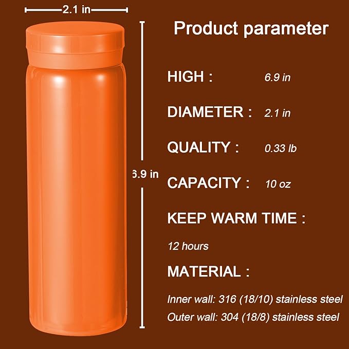 10oz Mini Water Bottle Stainless Steel Thermos Small Flask - Insulated Vacuum, Leak Proof, Keeps Drinks Hot/Cold - Ideal for Coffee, Tea, Water - Orange