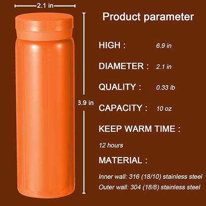 10oz Mini Water Bottle Stainless Steel Thermos Small Flask - Insulated Vacuum, Leak Proof, Keeps Drinks Hot/Cold - Ideal for Coffee, Tea, Water - Orange