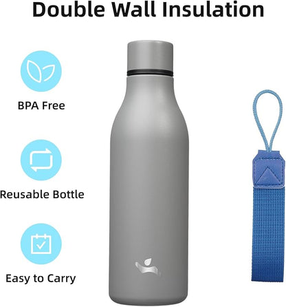 Insulated Water Bottle with Strap,18 oz Double Wall Stainless Steel Vacuum Bottles Metal Water Flask,Gray
