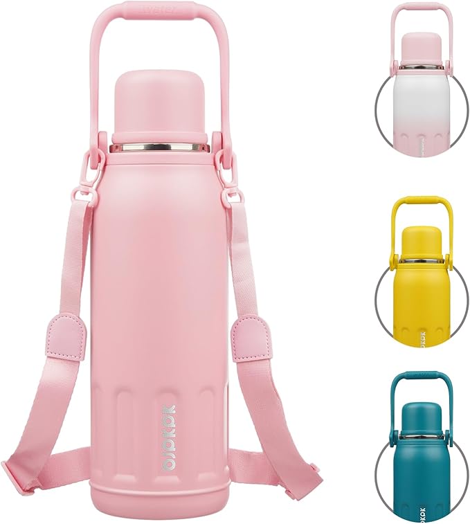 BJPKPK Insulated Water Bottle 50oz Stainless Steel Water Bottles Disherwahser Safe with Handle and Lid Travel Metal Thermal Flask,Light Pink