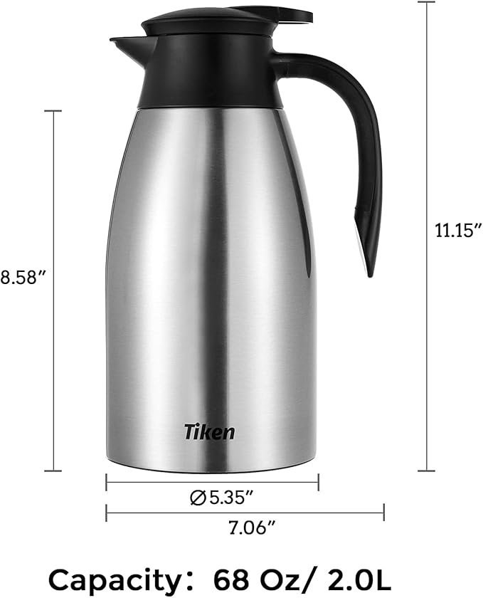 Tiken 68 Oz Thermal Coffee Carafe, Stainless Steel Insulated Vacuum Coffee Carafes For Keeping Hot, 2 Liter Beverage Dispenser (Silver)